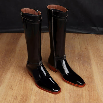 Knee Hight Cuban Heel Boots with Zip Closure Black Patent Leather For Men by Brune & Bareskin