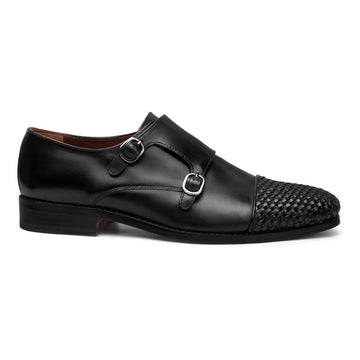 Black Contrasting Cap Toe Leather Woven Detailed Double Monk With Leather Sole Shoes By Brune & Bareskin