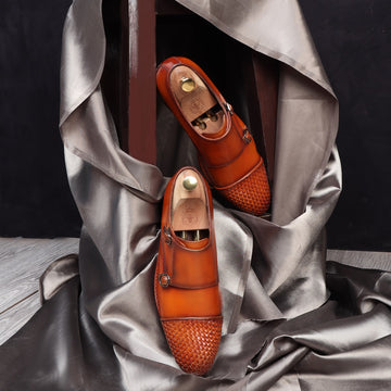 Tan Contrasting Cap Toe Leather Woven Detailed Double Monk With Leather Sole Shoes By Brune & Bareskin