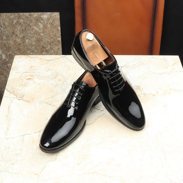 Black Patent Whole Cut/One-Piece Oxford Leather Lace-Up Shoes For Men By Brune & Bareskin