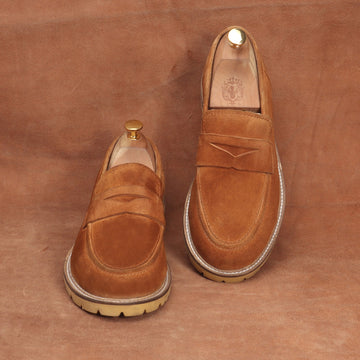 Light Weight Lug Sole Loafers in Orange Suede Leather with Triangular Cut-Strap