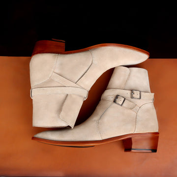 Jodhpuri Suede Leather Boots with Beige Ankle Wrap Around Buckle Strap by Brune & Bareskin