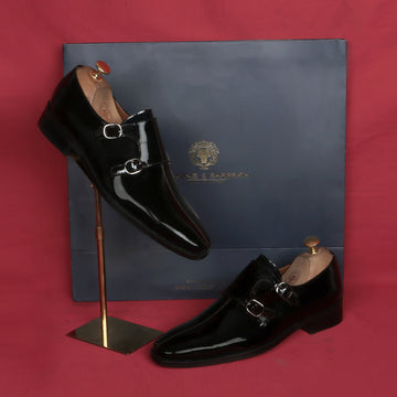 Sleek Apron Toe Double Monk Slip-On Shoes Patent Black Leather