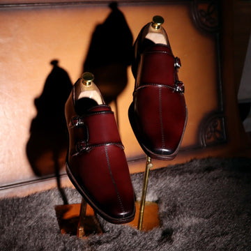 Wine Sleek Apron Toe Slip-On Shoes Double Monk Patent Leather