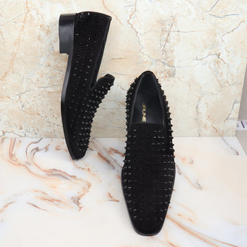 Black Studded Sleek Toe Loafer in Suede Leather