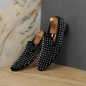 Silver Studded Sleek Toe Italian Velvet Loafer
