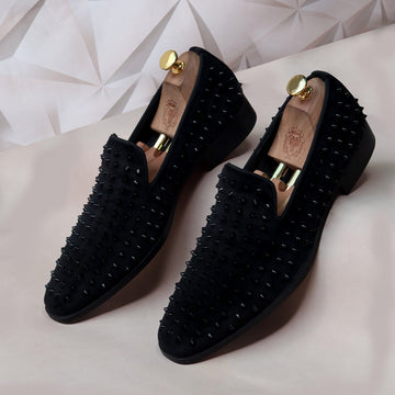 Black Studded Sleek Toe Italian Velvet Loafer For Men by Brune & Bareskin