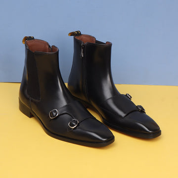 Sleek Double Monk Chelsea Boot in Black Genuine Leather Side Zipper By Brune & Bareskin