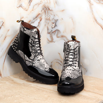 Studded Snake Print Leather with Wingtip Quarter Patent Leather Detailing Lace-Up Zip Closure Boots by Brune & Bareskin