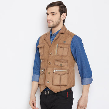 Beige Suede Leather Stylish Vest Jacket with Multi Pockets By Brune & Bareskin