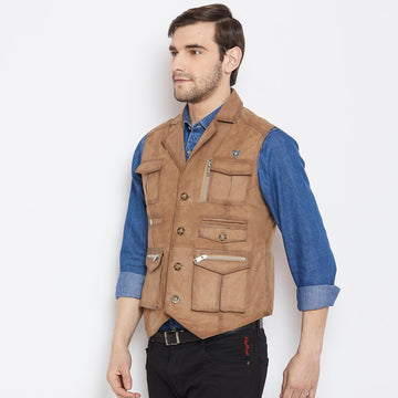 Beige Suede Leather Stylish Vest with Multi Pockets