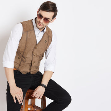 Taupe Leather Straight Stitched Vests By  Brune & Bareskin