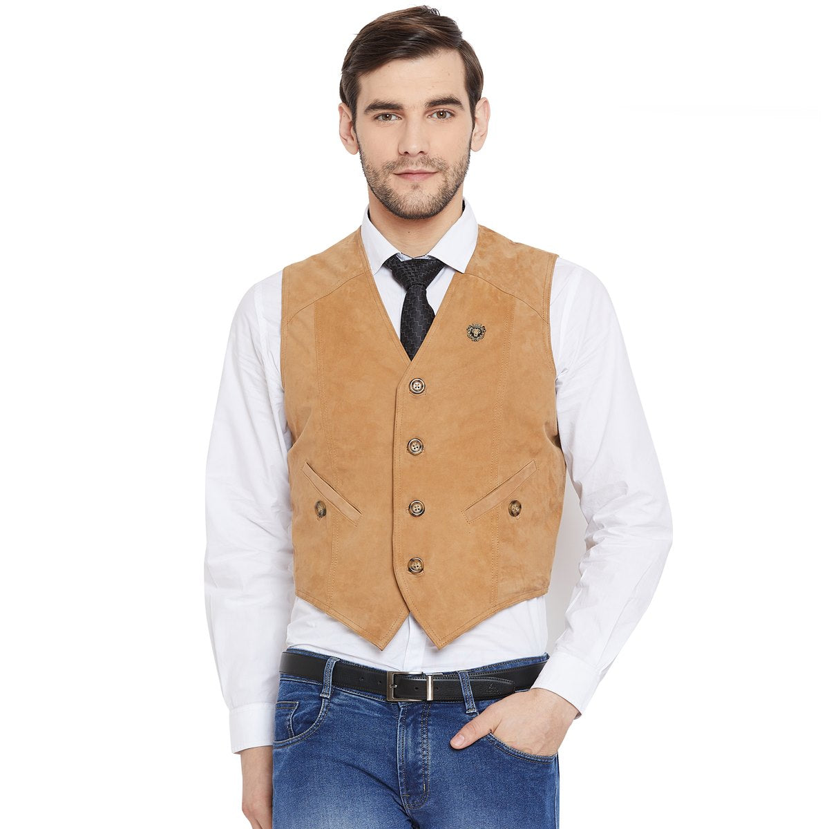 Camel Accent Leather Straight Stitched Vests By Brune & Bareskin