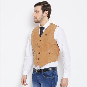 Camel Accent Leather Straight Stitched Vests By Brune & Bareskin