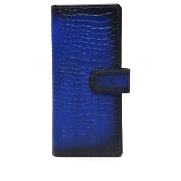 Navy Blue Long Wallet in Croco Textured Leather