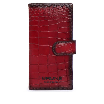 Wine Long Deep Cut Leather Wallet with magnetic strap Metal Logo By Brune & Bareskin