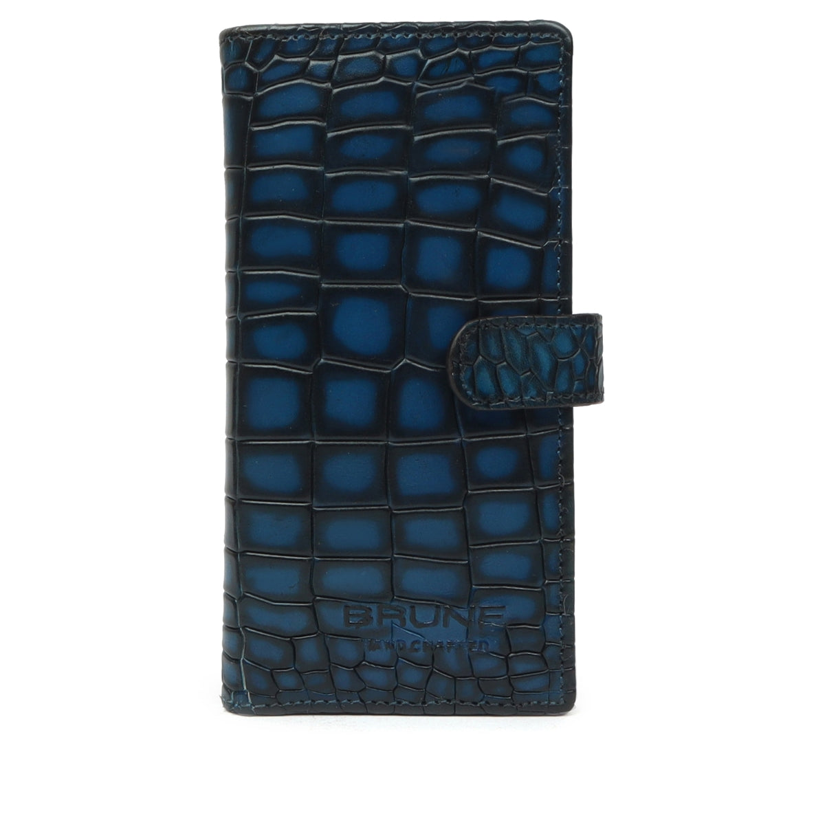 Smokey Blue Long Wallet in Croco Textured Leather with Signature Metal Lion Logo By Brune & Bareskin