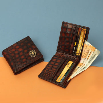 Multi Pocket Smokey Tan Deep Croco Print Leather Men Wallet By Brune & Bareskin