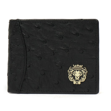 Black Ostrich Leather Wallet With Lion Logo