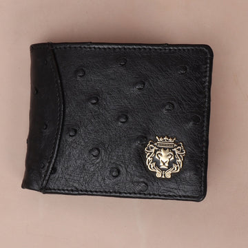Black Ostrich Leather Wallet With Lion Logo