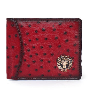 Wine Ostrich Leather Wallet With Lion Logo