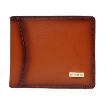 Brune & Bareskin Tan Hand Painted Leather Wallet For Men With Golden Nicklel Finished Logo