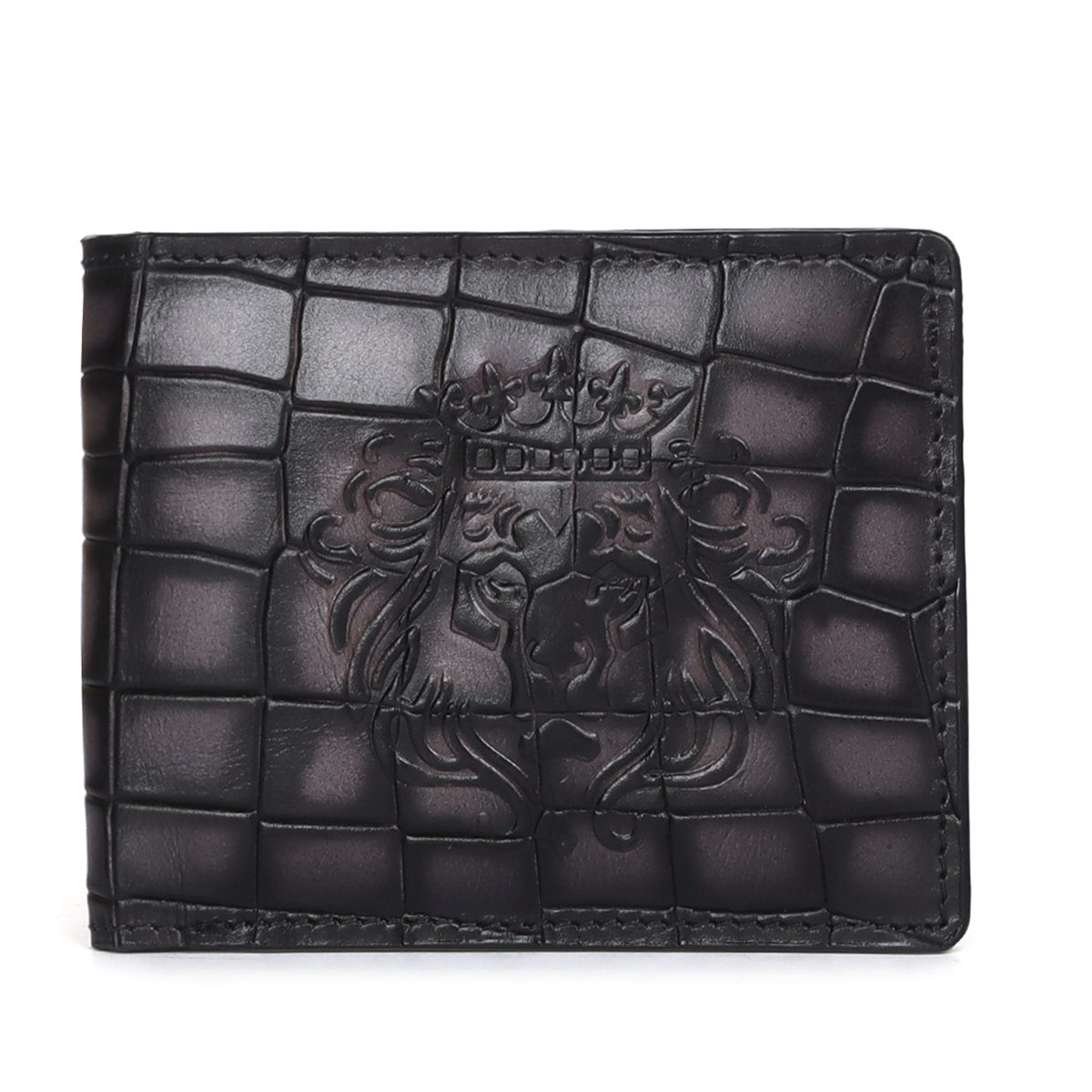 Darker Lion Embossed Bi-Fold Smoky Smokey Deep Cut Croco Print Leather Wallet