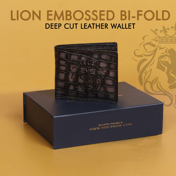 Darker Lion Embossed Bi-Fold Smoky Smokey Deep Cut Croco Print Leather Wallet