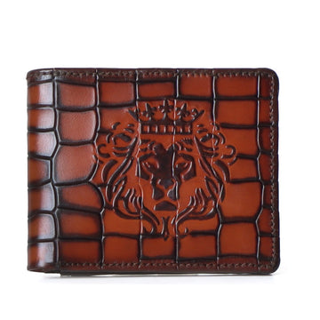 Tan Darker lion Embossed Bi-Fold Deep Cut Croco Leather Wallet By Brune & Bareskin