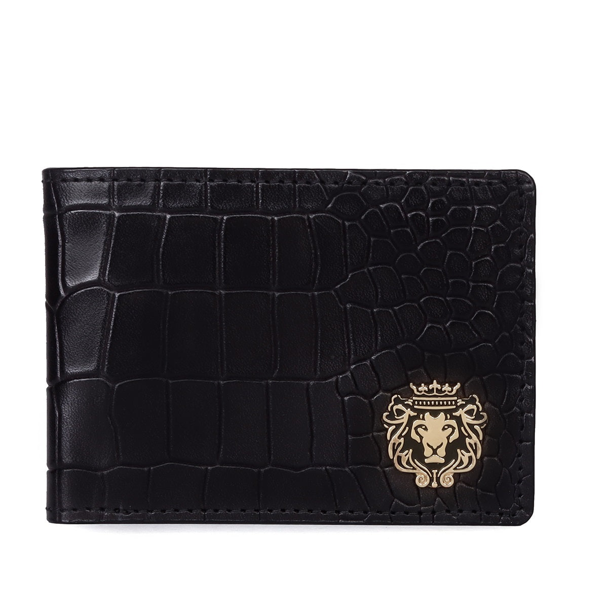 Luxurious Men's Bi-Fold Wallet Black Croco Textured Leather