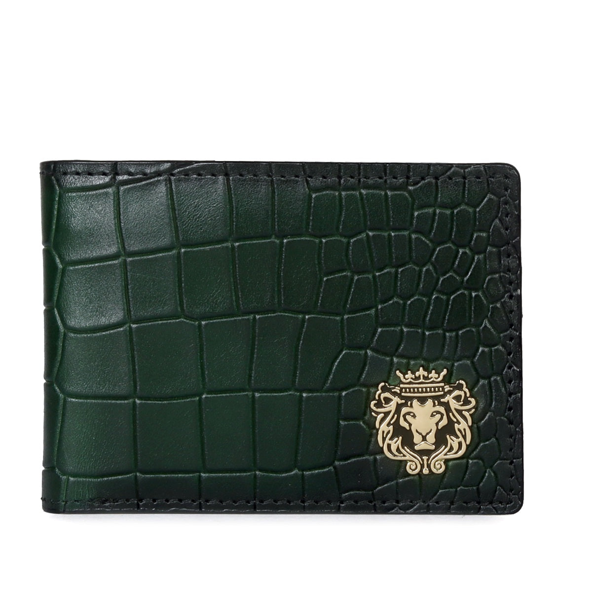 Green Bi-Fold Wallet in Deep Cut Croco Textured Leather