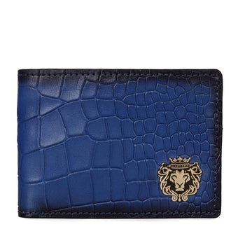 Blue Bi-Fold Wallet in Deep Cut Croco Textured Leather