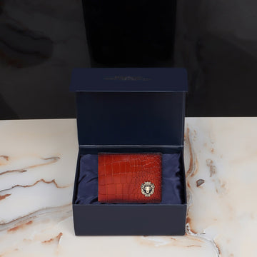 Men's Tan Bi-Fold Wallet in Deep Cut Croco Textured Leather