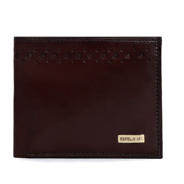 Punching Brogue Dark Brown Hand Painted Leather Wallet With Golden Finished Brune Logo By Brune & Bareskin