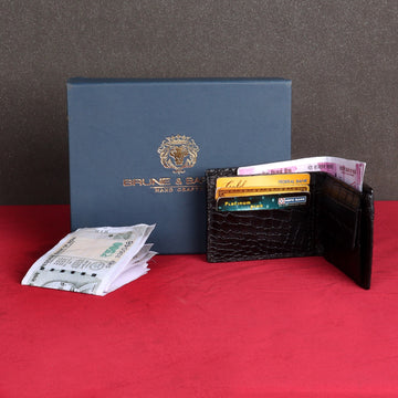 Black Deep Cut Croco Textured Bi-Fold Wallet