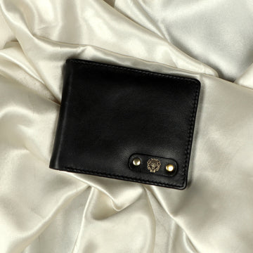 Multi Slot Riveted Lion Logo Black Leather Bi-Fold Wallet For Men's By Brune & Bareskin