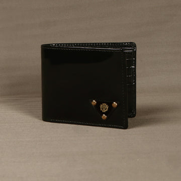 Black Bi-Fold Wallet With Golden Lion Logo Patent Leather