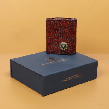 Tri-Fold Multi-Pockets Full Smoky Tan Deep Cut Croco Textured Leather Wallet