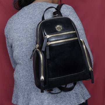 Handcrafted Signature Golden Lion Black Genuine Leather Multi-Pockets Girlish Soft Touch Backpack By Brune & Bareskin
