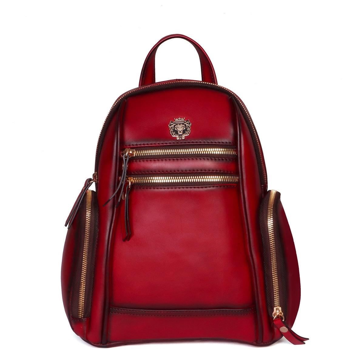 Signature Metal Lion Red Genuine Leather Multi-Pockets Girlish Backpack By Brune & Bareskin