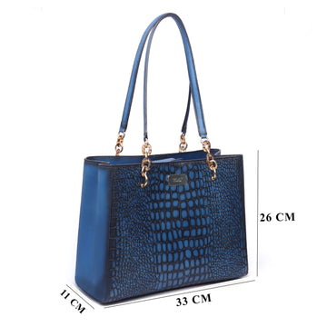 Smokey Blue Deep Cut Croco Leather Button Closure Hand Bag for Ladies by Brune & Bareskin