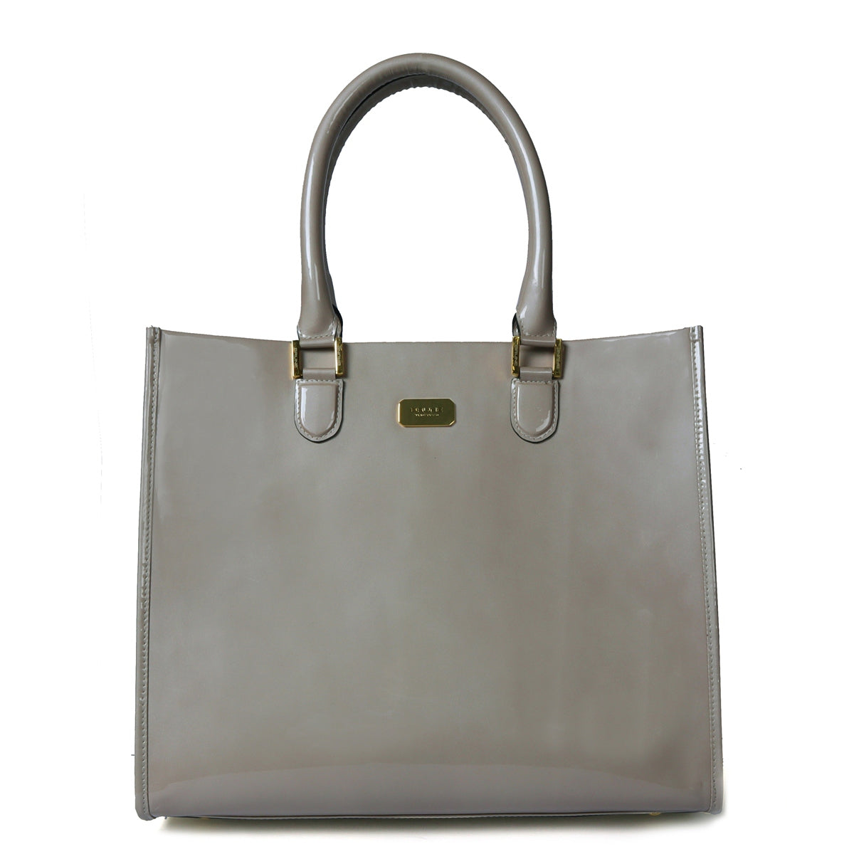 Large Beige Hand Bag In Square Shape with Patent Leather