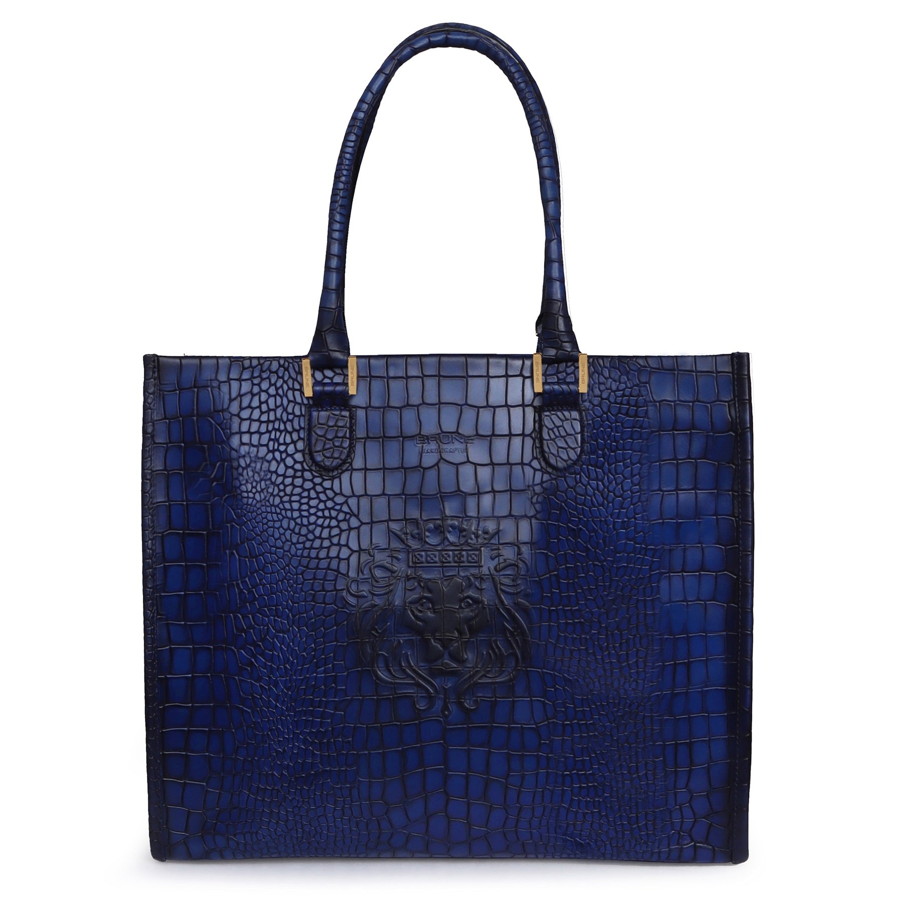 Blue Large Hand Bag in Deep Cut Croco Textured Leather