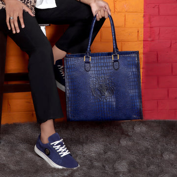 Blue Large Hand Bag in Deep Cut Croco Textured Leather