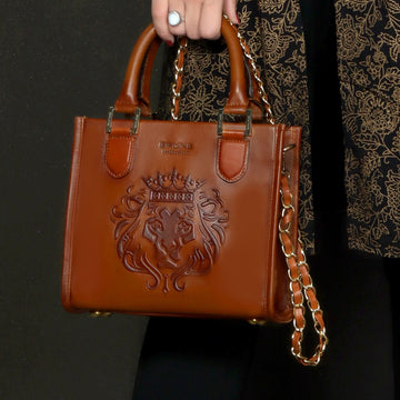 Small Size Hand Bag with Embossed Lion Tan Genuine Leather