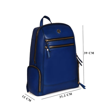Blue Italian Leather Multi-Pockets Metal Lion Logo Women's Backpack By Brune & Bareskin