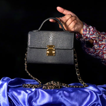 Classic Square Shape Stingray Fish Grey Leather With Removable Shoulder Strap Ladies Hand Bag by Brune & Bareskin