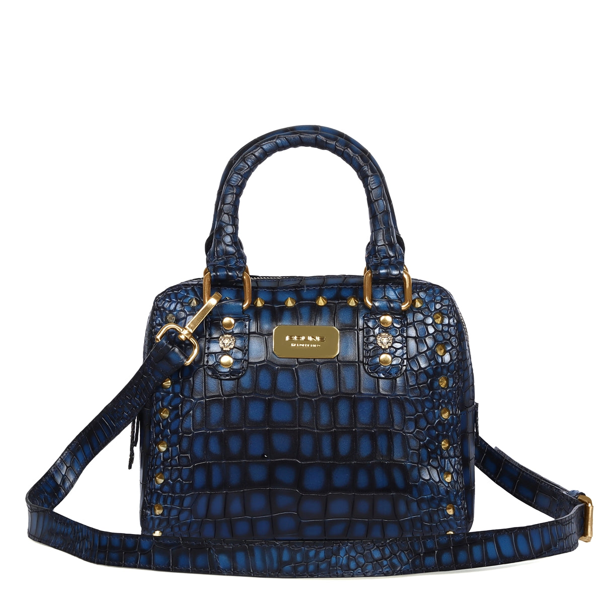 Golden Stud With Removable Shoulder Strap Blue Smokey Finish Croco Print Leather Ladies Handbag
