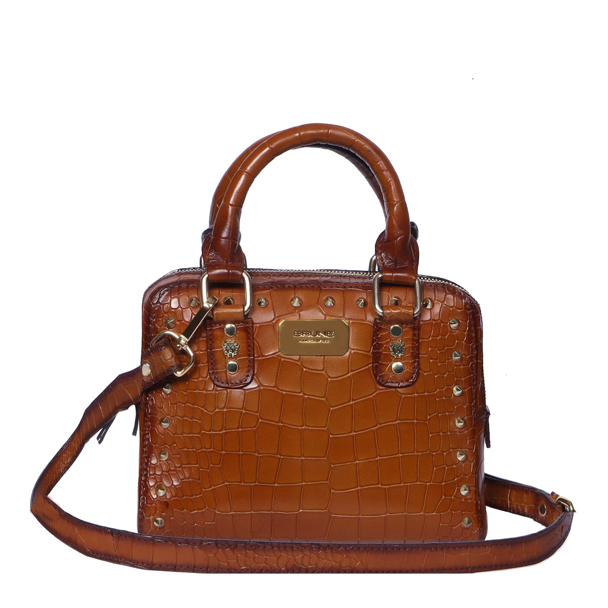 Arrowhead Studs Tan Deep Cut Croco Leather Ladies Handbag with Adjustable Strap
