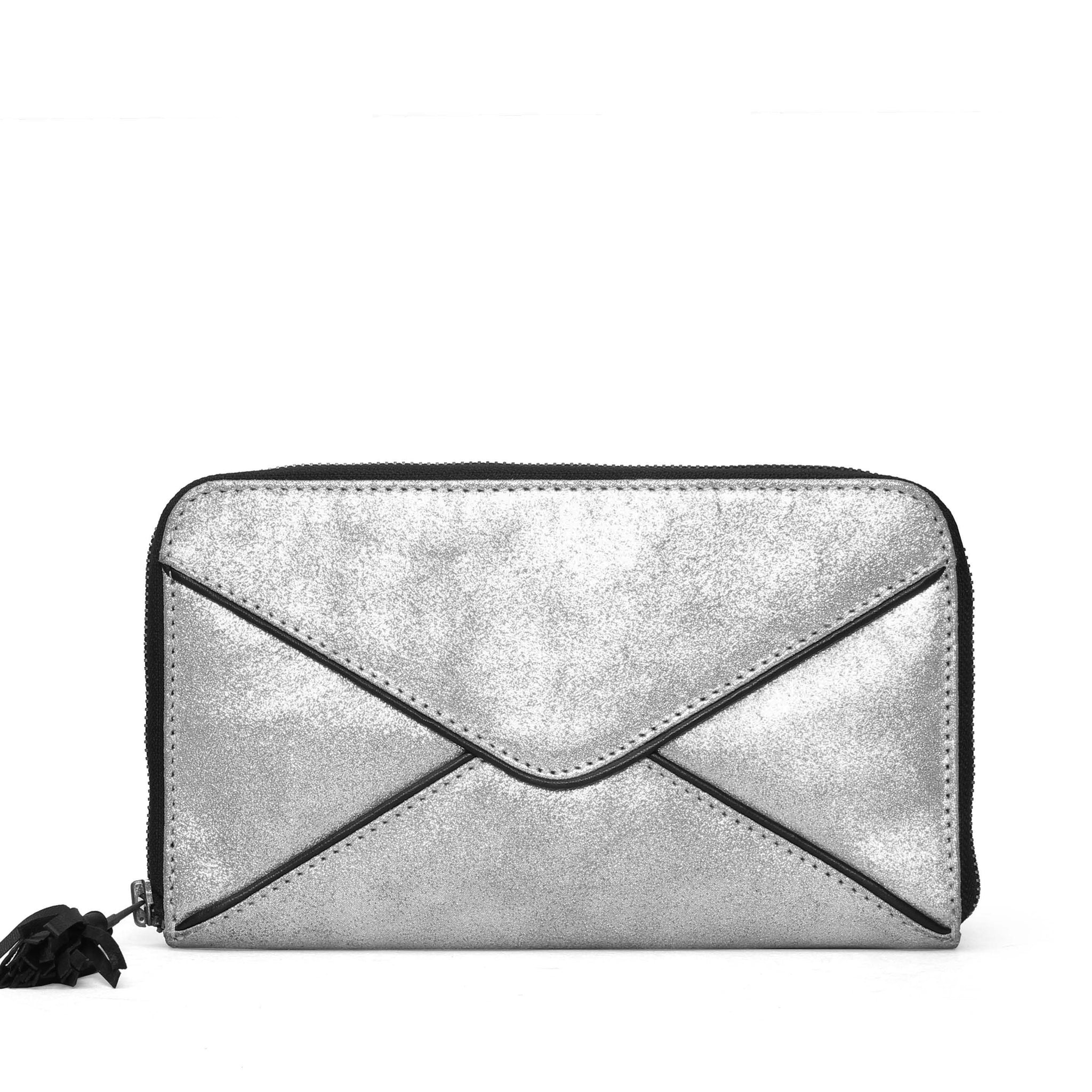 Women Clutch / Wallet In Shiny Silver Leather By Brune